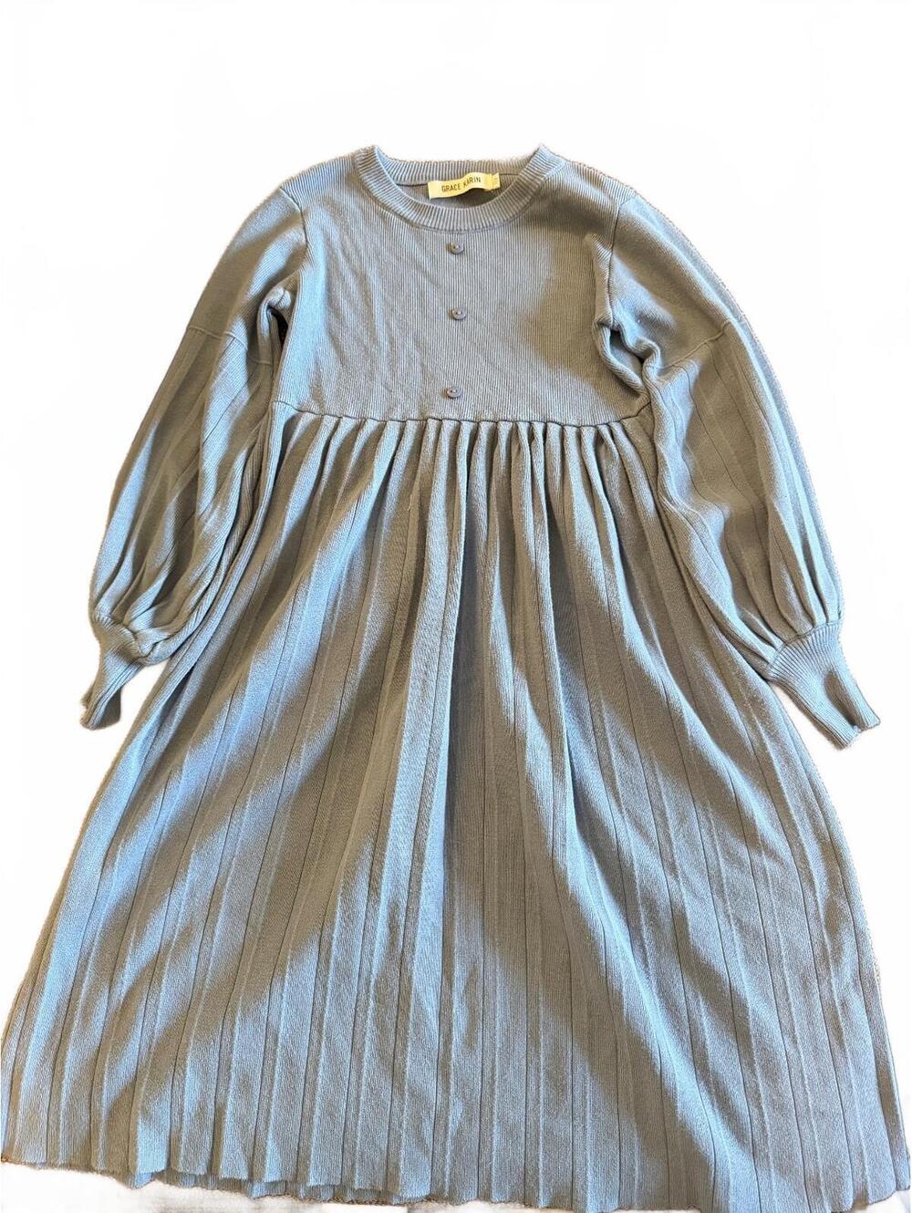 Grace Karin 10Y Blue Knit Long Sleeve Midi Dress